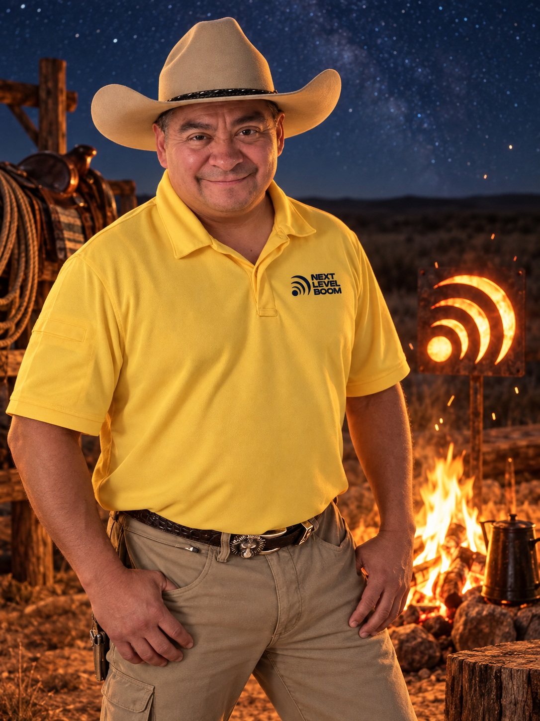 Pedro Loredo beside a campfire under a night sky full of stars