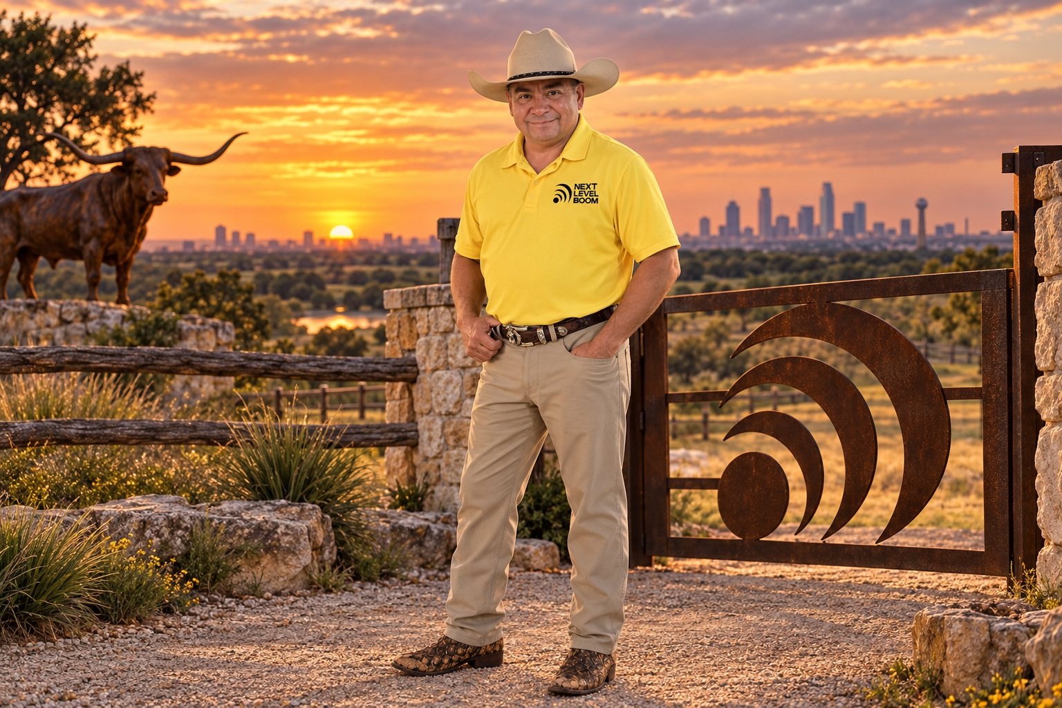 Pedro Loredo at a ranch gate cut with the Next Level Boom mark, the Dallas skyline behind him at sunset