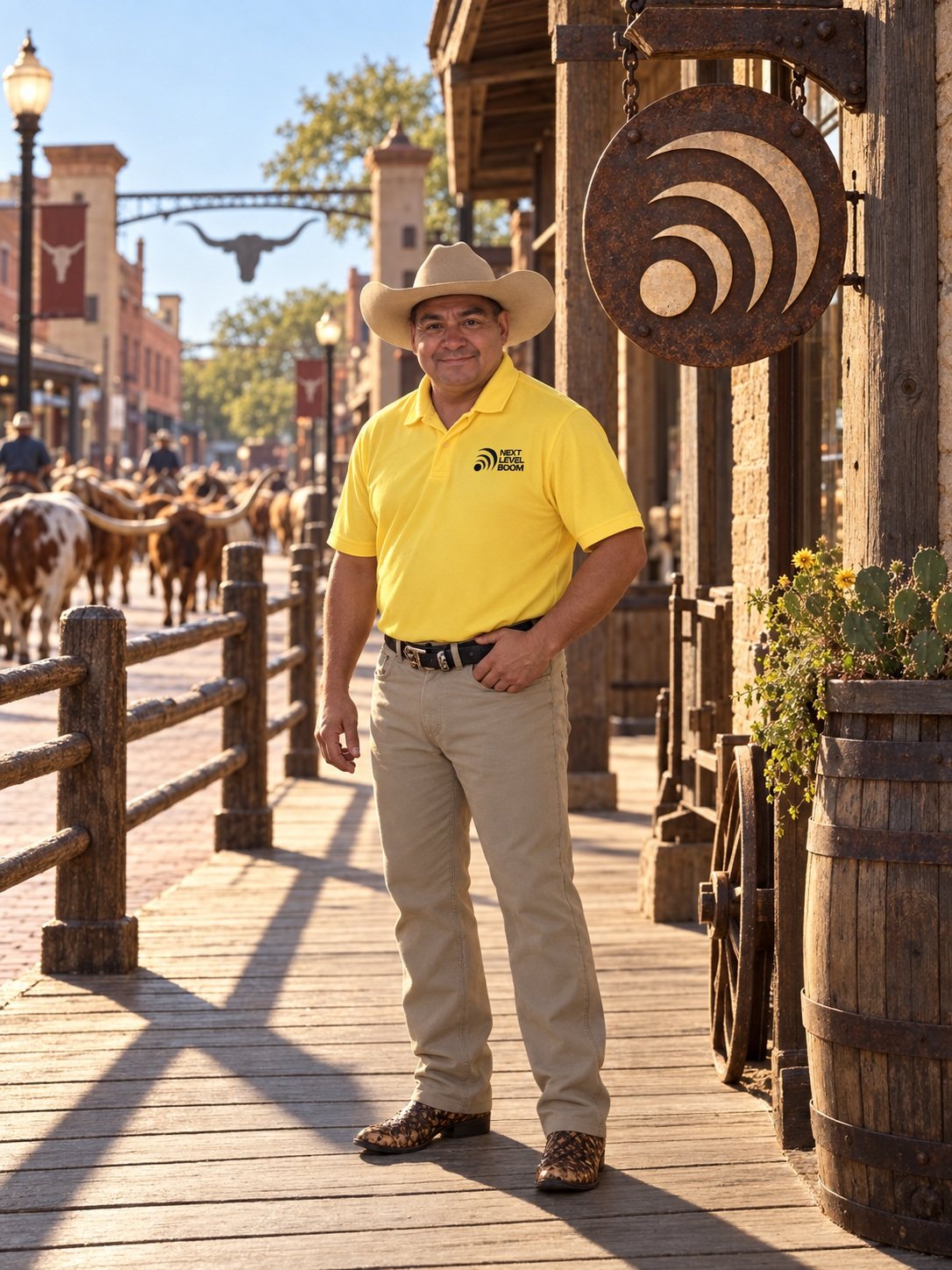 Pedro Loredo on a Texas stockyards boardwalk, a longhorn cattle drive passing behind him