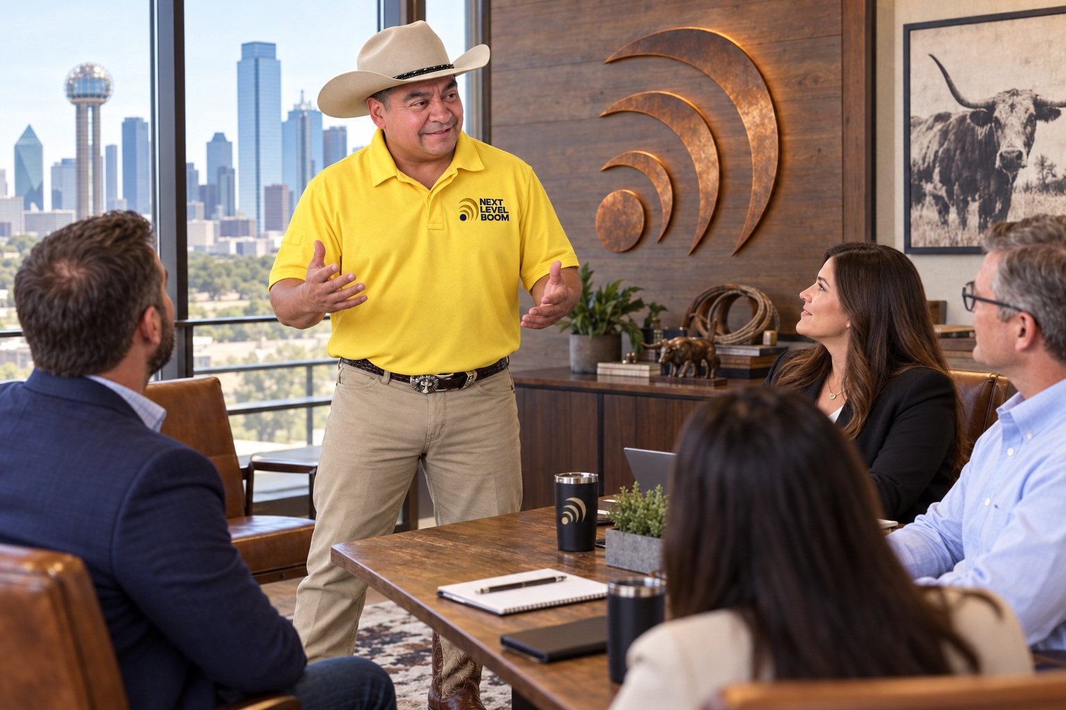 Pedro Loredo talking through a plan with four people around a boardroom table